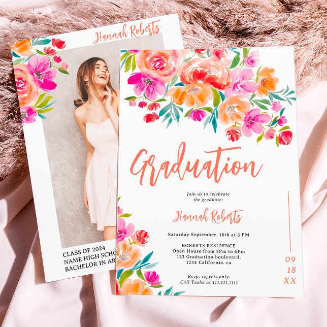 Modern photo Boho orange floral graduation Invitation (Modern photo Boho orange floral graduation Invitation)