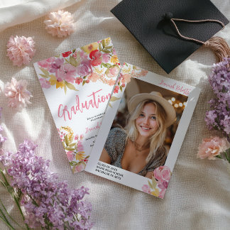 Modern photo Boho Pink Lavender floral graduation Announcement