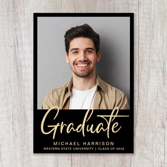 Modern Photo Bold Script Black Graduation Announcement (Modern Gold Script Black Photo Graduation Announcement)