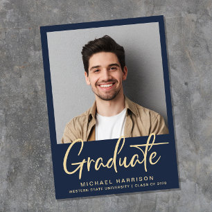 Modern Photo Bold Script Blue Graduation Announcement