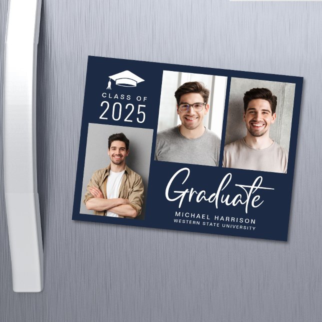 Modern Photo Bold Script Blue Graduation Magnetic Invitation (Creator Uploaded)