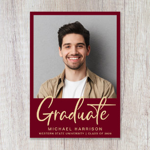 Modern Photo Bold Script Burgundy Graduation Announcement