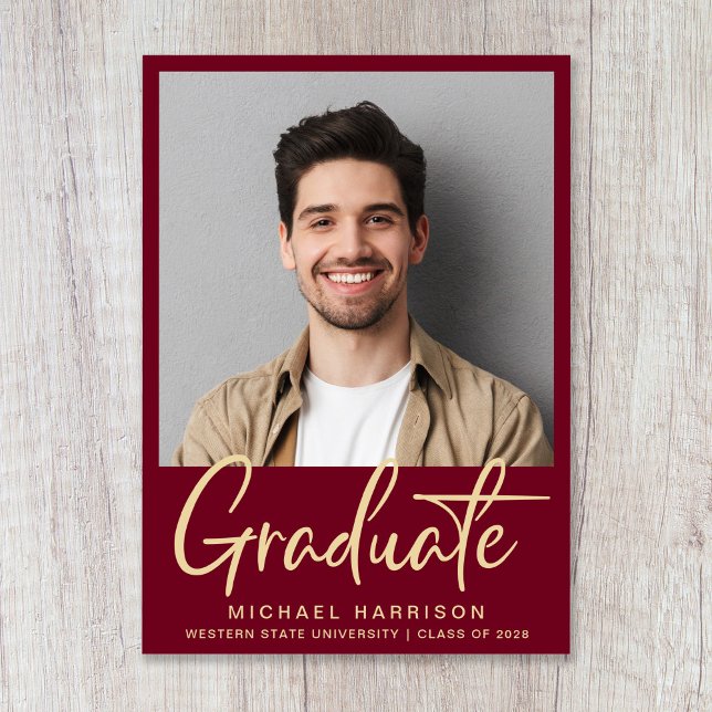 Modern Photo Bold Script Burgundy Graduation Announcement (Modern Gold Script Burgundy Photo Graduation Announcement)