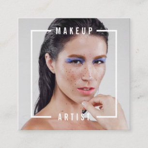 Modern photo bold white typography makeup artist square business card