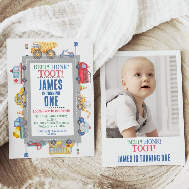 Modern Photo Boys Road Transport 1st Birthday Invitation (Cute transport themed boy's first birthday invitation featuring various vehicles and photo on back.)