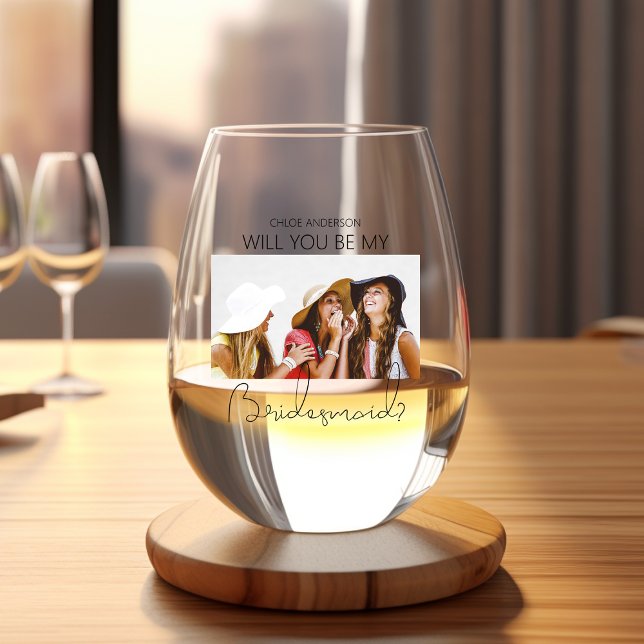 Modern Photo Bridesmaid Proposal Stemless Wine Glass (Creator Uploaded)