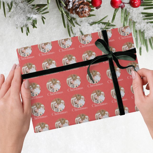Modern Photo Bright Red Merry Christmas  Wrapping Paper (Creator Uploaded)