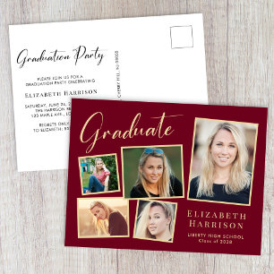 Modern Photo Burgundy Gold Graduation Party Invitation Postcard