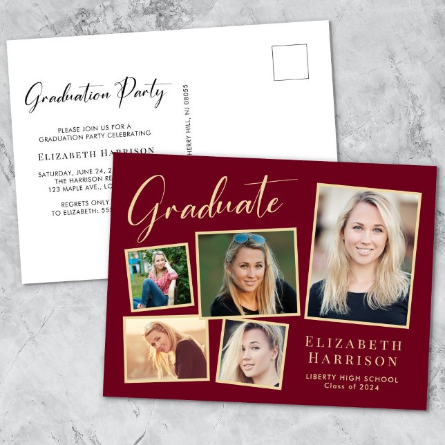 Modern Photo Burgundy Gold Graduation Party Invitation Postcard (Creator Uploaded)