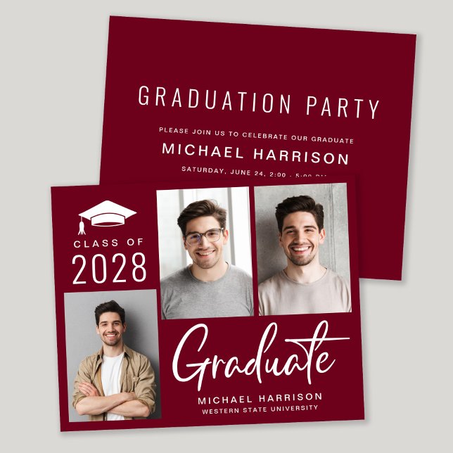 Modern Photo Burgundy Graduation Party Invitation (Creator Uploaded)