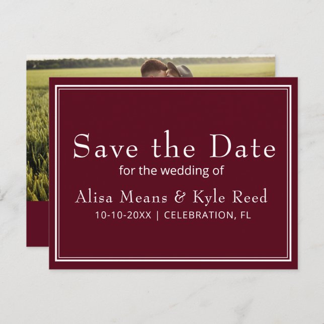 Modern Photo Burgundy Save the Date (Front/Back)