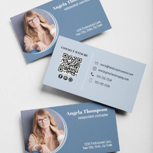 Modern Photo Business Blue QR Code  Business Card