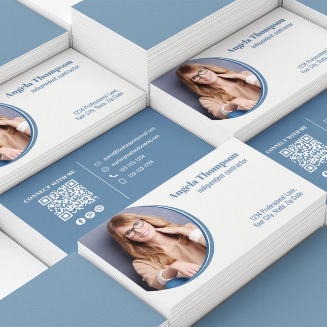 Modern Photo Business QR Code  Business Card (Modern blue and white business cards)