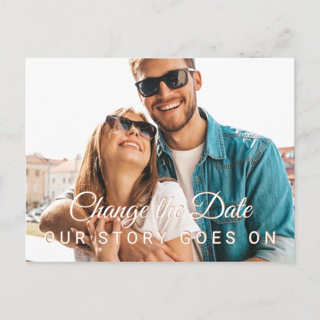 Modern photo change the date wedding postponement postcard (Front)