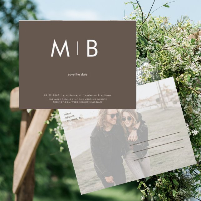 Modern Photo Chocolate Monogram Save the Date Postcard (Creator Uploaded)
