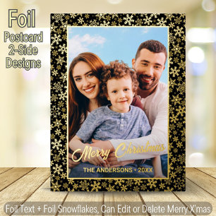 Modern photo Christmas elegant black and gold Foil Holiday Postcard