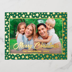 Modern photo Christmas elegant script stars green Foil Holiday Postcard