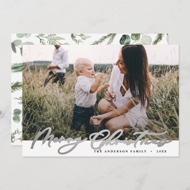 Modern photo Christmas elegant silver script Holiday Card (Front/Back)