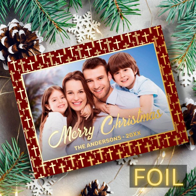 Modern photo Christmas Jesus cross burgundy red Foil Holiday Postcard (Creator Uploaded)