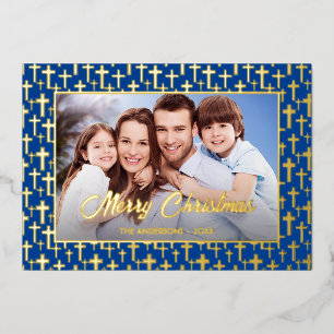 Modern photo Christmas Jesus cross royal blue Foil