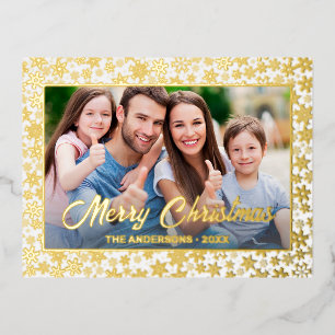Modern photo Christmas snowflakes elegant scrip Foil Holiday Postcard
