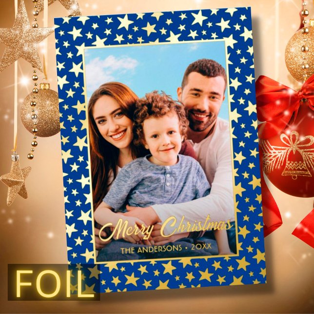 Modern photo Christmas stars navy blue script Foil (Creator Uploaded)