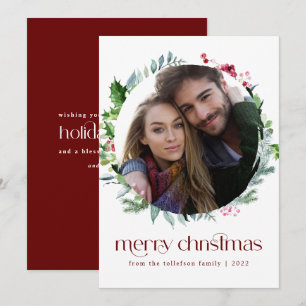 Modern Photo Christmas Wreath Ivy Berries Holiday  Card