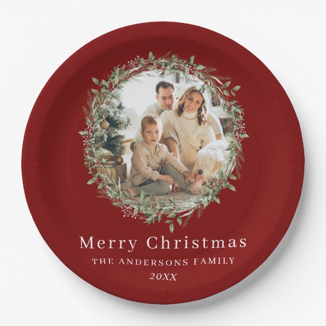 Modern photo Christmas wreath red Paper Plate (Front)