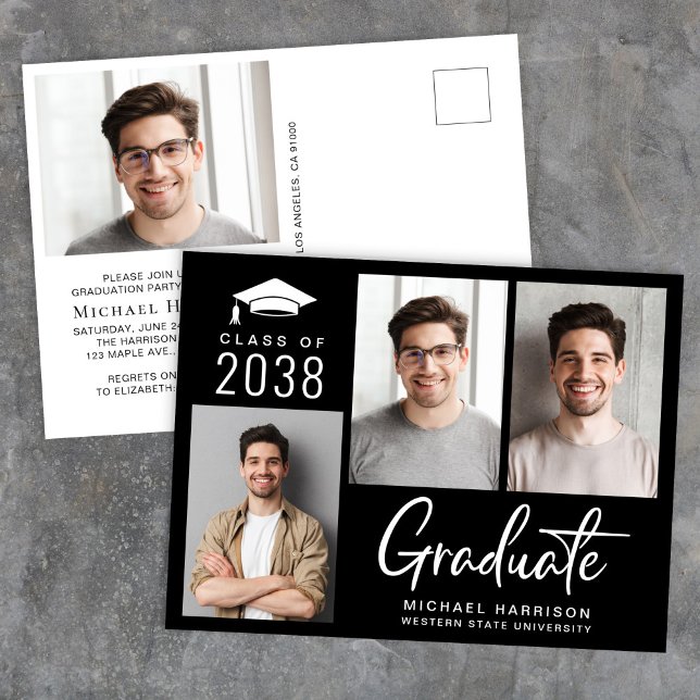 Modern Photo Class of 2025 Black Graduation Party Invitation Postcard (Modern Black Photo Graduation Party Invitation Postcard)
