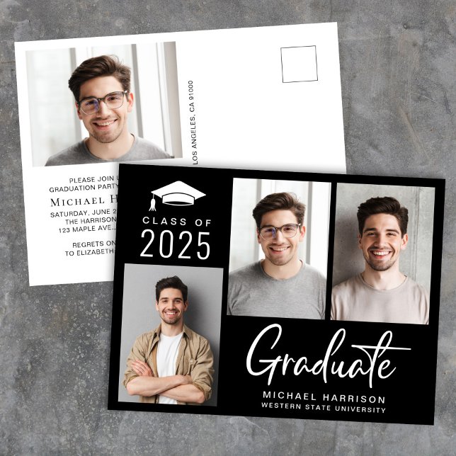 Modern Photo Class of 2025 Black Graduation Party Invitation Postcard (Creator Uploaded)