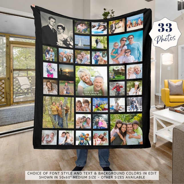 Modern Photo Collage 33 Pics Personalized Black Fleece Blanket (Creator Uploaded)