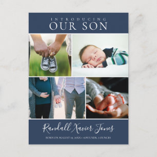 Modern Photo Collage Baby Boy Announcement Postcard