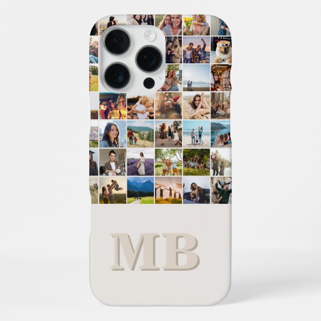 Modern Photo Collage Beige Initial Monogram iPhone Case (Back)