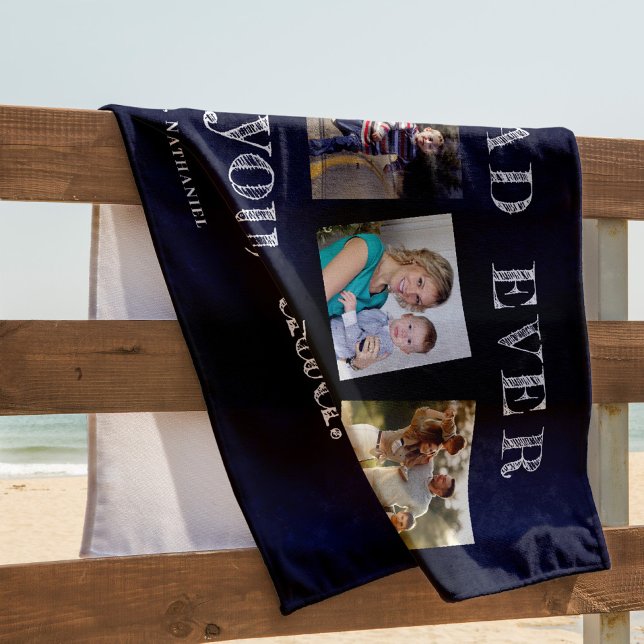 Modern photo collage best dad ever navy white beach towel (Creator Uploaded)