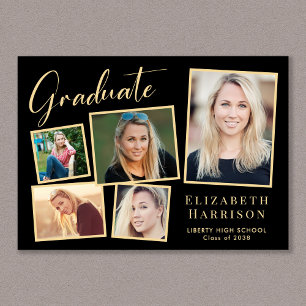 Modern Photo Collage Black Gold Graduation Announcement