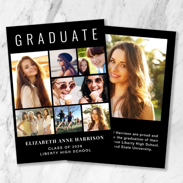 Modern Photo Collage Black Graduation (Cherish the milestone: share your graduate's achievement with a custom photo graduation announcement)