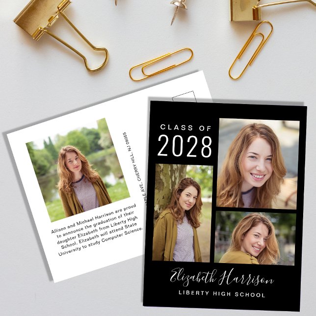 Modern Photo Collage Black Graduation Announcement Postcard (Creator Uploaded)