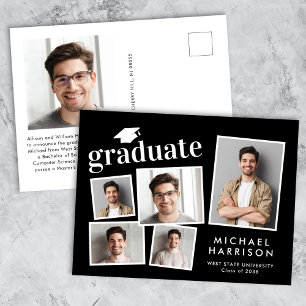 Modern Photo Collage Black Graduation Announcement Postcard