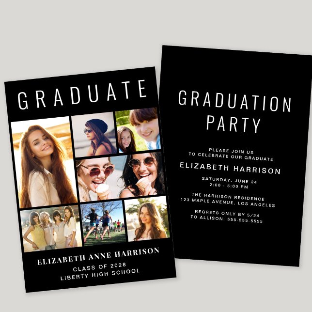 Modern Photo Collage Black Graduation Party Invitation (A modern photo collage graduation party invitation to celebrate the graduate's achievements)