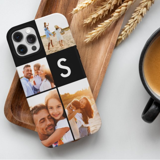Modern photo collage black initial monogram iPhone case (Creator Uploaded)