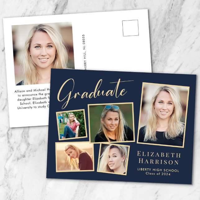 Modern Photo Collage Blue Gold  Graduation Announcement Postcard (Creator Uploaded)