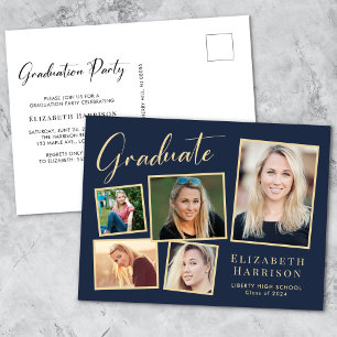 Modern Photo Collage Blue Gold Graduation Party Invitation Postcard