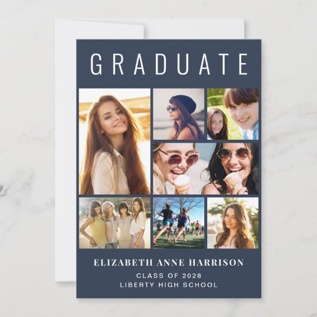 Modern Photo Collage Blue Graduation Announcement (Front)