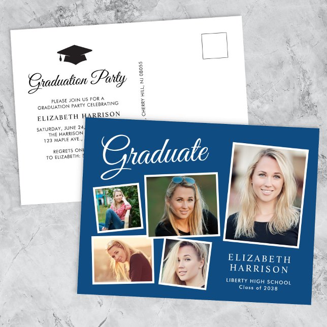 Modern Photo Collage Blue Graduation Party Invitation Postcard (A personalized photo graduation party invitation to celebrate the graduate's achievements)