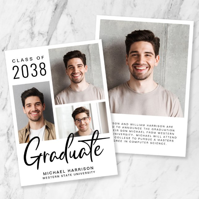 Modern Photo Collage Bold Script Graduation Announcement (A modern photo graduation announcement to celebrate the graduate's achievements)