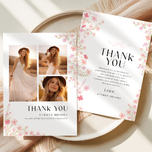 Modern Photo Collage Bow Floral Graduation Thank You Card