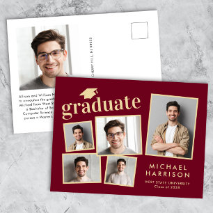 Modern Photo Collage Burgundy Gold Graduation Announcement Postcard