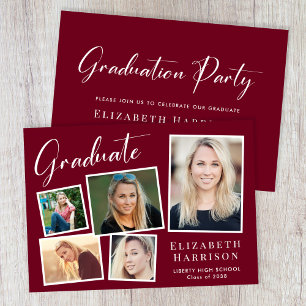 Modern Photo Collage Burgundy Graduation Party Invitation