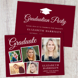 Modern Photo Collage Burgundy Graduation Party Invitation