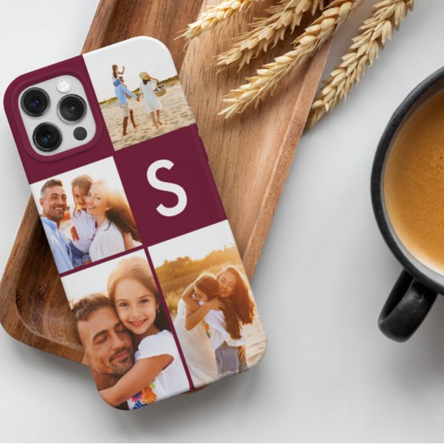 Modern photo collage burgundy initial monogram Case-Mate iPhone case (Creator Uploaded)